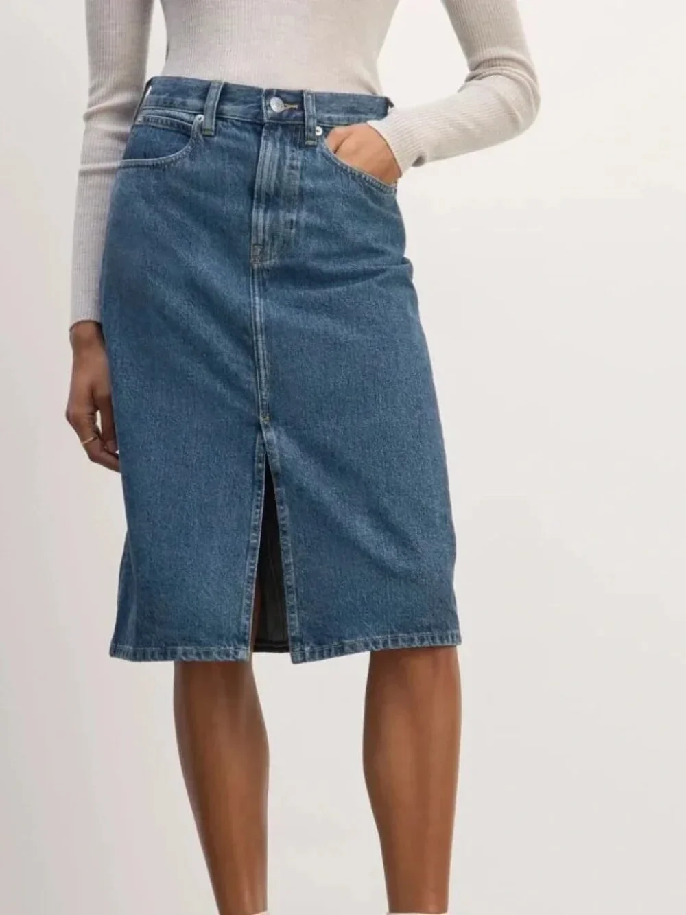 Everlane Organic Cotton Denim Midi Skirt Mid Rise Front Slit Classic Skirt 28R